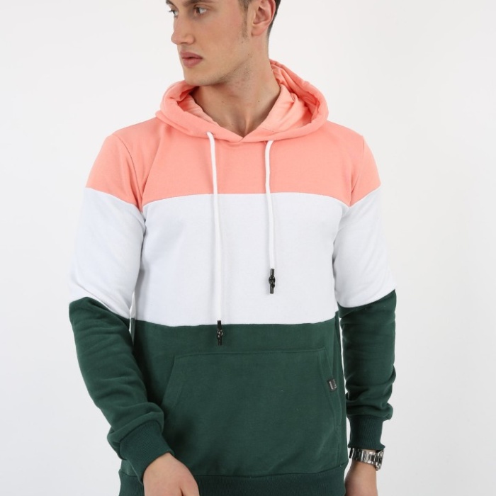 Üç Şardonlu Kapşonlu Parçalı Kanguru Cepli Erkek Günlük Sweatshirt