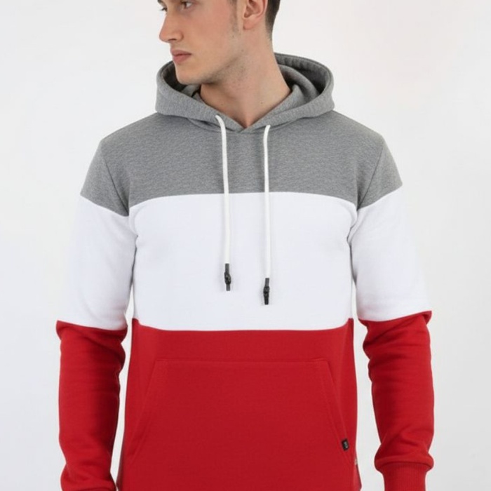 Üç Şardonlu Kapşonlu Parçalı Kanguru Cepli Erkek Günlük Sweatshirt