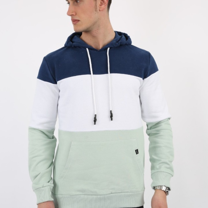 Üç Şardonlu Kapşonlu Parçalı Kanguru Cepli Erkek Günlük Sweatshirt
