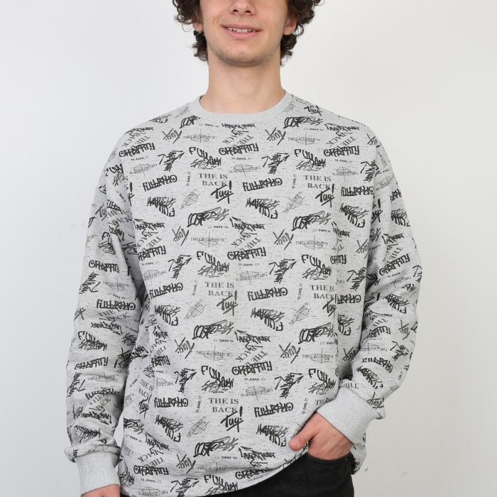 İki İplik Yazı Baskılı Oversize Erkek Günlük Sweatshirt
