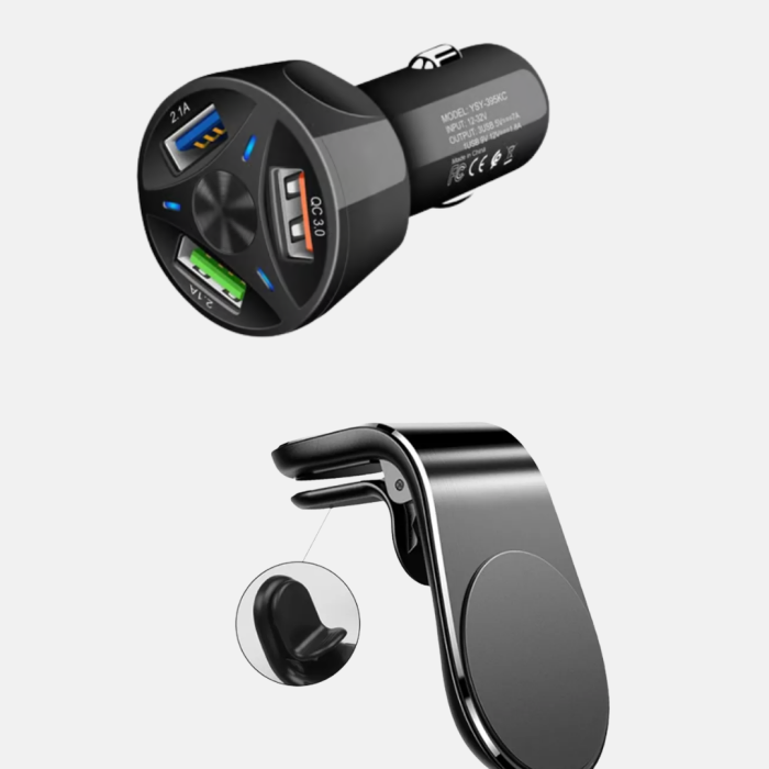 Araç İçi Telefon Tutucu + Quick Charge 3.0 Araç Şarj Cihazı Seti