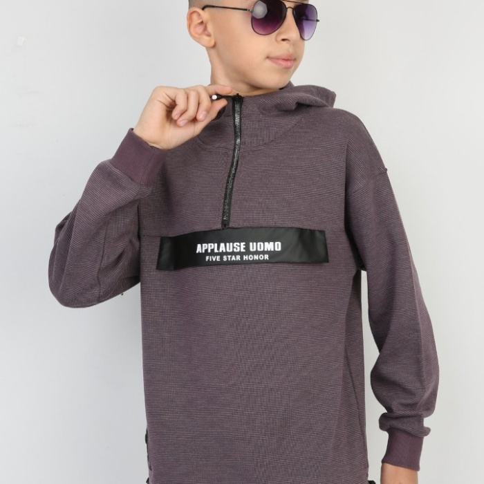 Yarım Fermuarlı Kapşonlu Baskılı Erkek Çocuk Günlük Sweatshirt