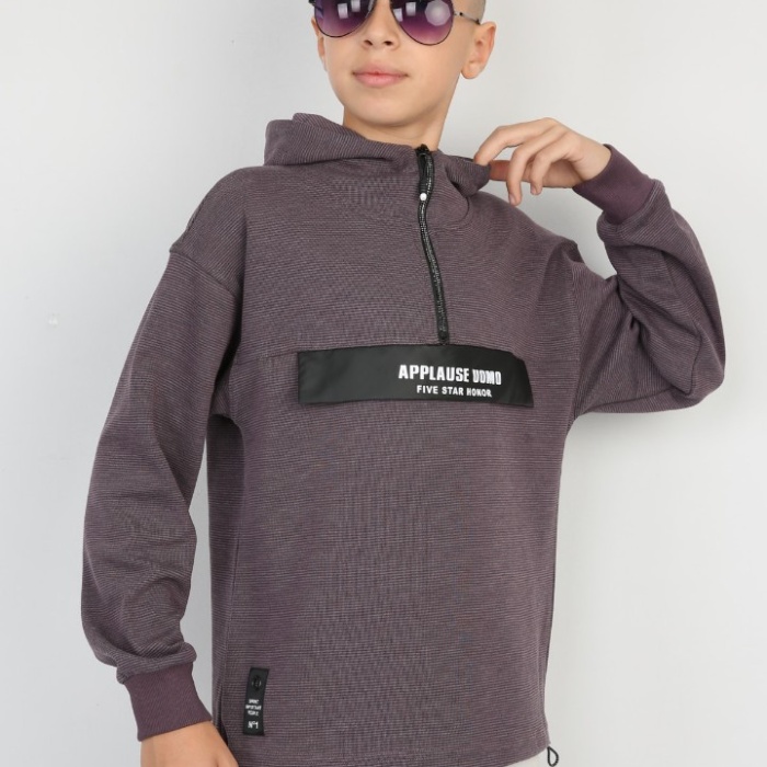Yarım Fermuarlı Kapşonlu Baskılı Erkek Çocuk Günlük Sweatshirt