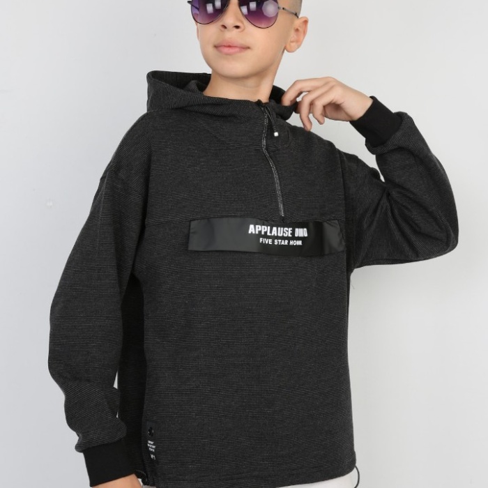 Yarım Fermuarlı Kapşonlu Baskılı Erkek Çocuk Günlük Sweatshirt