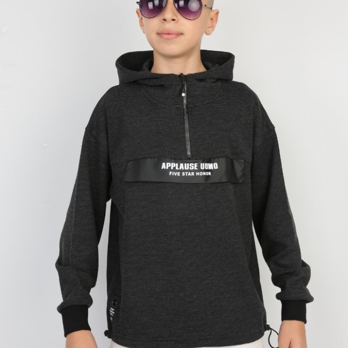 Yarım Fermuarlı Kapşonlu Baskılı Erkek Çocuk Günlük Sweatshirt