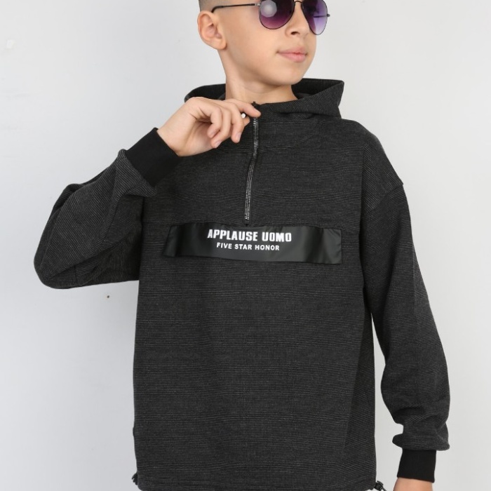 Yarım Fermuarlı Kapşonlu Baskılı Erkek Çocuk Günlük Sweatshirt