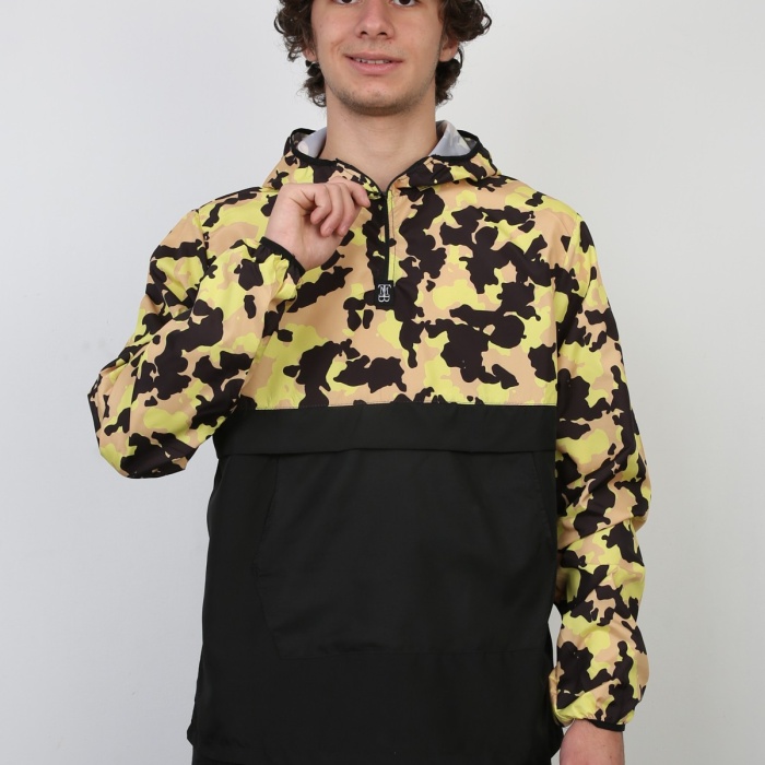 Yarım Fermuarlı Kamuflaj Desenli Kapüşonlu İnce Erkek Spor Günlük Mevsimlik Mont