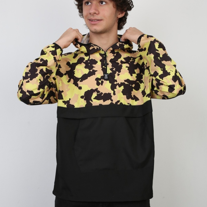 Yarım Fermuarlı Kamuflaj Desenli Kapüşonlu İnce Erkek Spor Günlük Mevsimlik Mont