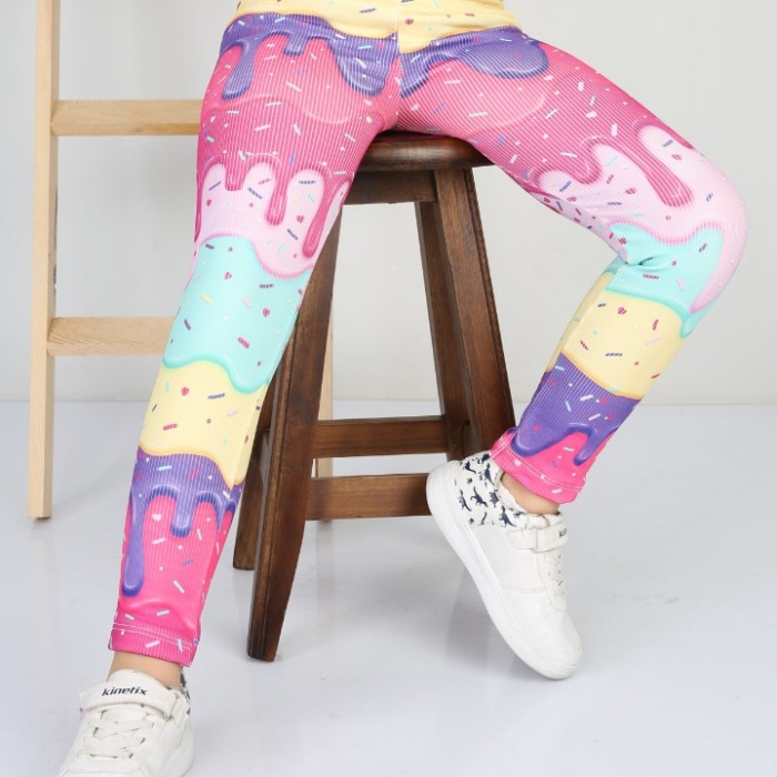 Şardonlu Fitilli Kumaş Baskılı Sarı Kız Çocuk Günlük Tayt