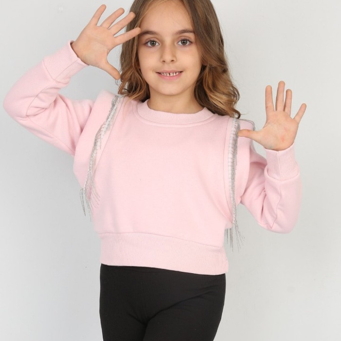 Üç İplik Şardonlu Omuz Detaylı Kız Çocuk Günlük Crop Sweatshirt
