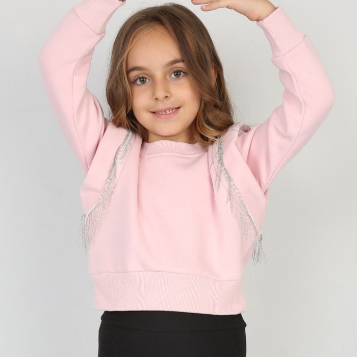 Üç İplik Şardonlu Omuz Detaylı Kız Çocuk Günlük Crop Sweatshirt