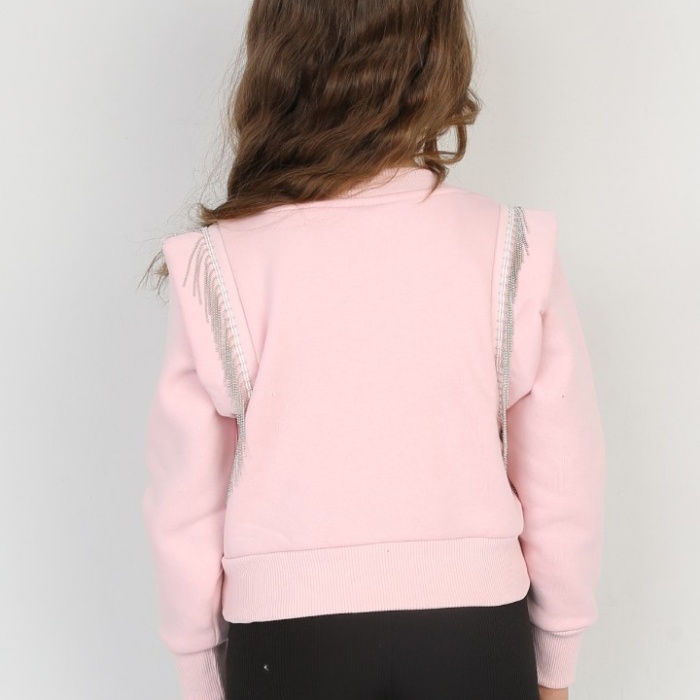 Üç İplik Şardonlu Omuz Detaylı Kız Çocuk Günlük Crop Sweatshirt