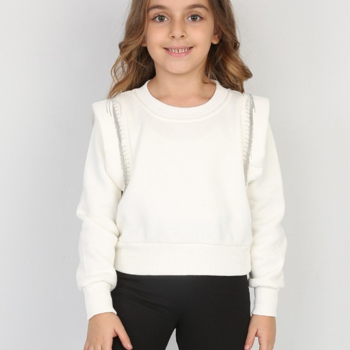 Üç İplik Şardonlu Omuz Detaylı Kız Çocuk Günlük Crop Sweatshirt