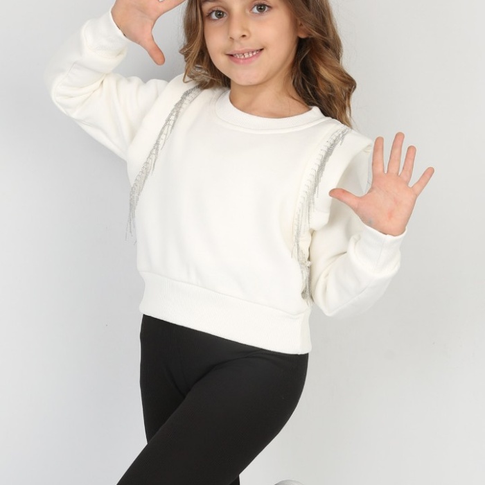 Üç İplik Şardonlu Omuz Detaylı Kız Çocuk Günlük Crop Sweatshirt
