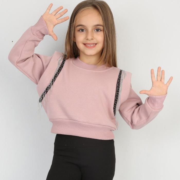 Üç İplik Şardonlu Omuz Detaylı Kız Çocuk Günlük Crop Sweatshirt
