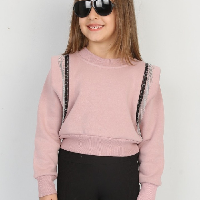 Üç İplik Şardonlu Omuz Detaylı Kız Çocuk Günlük Crop Sweatshirt