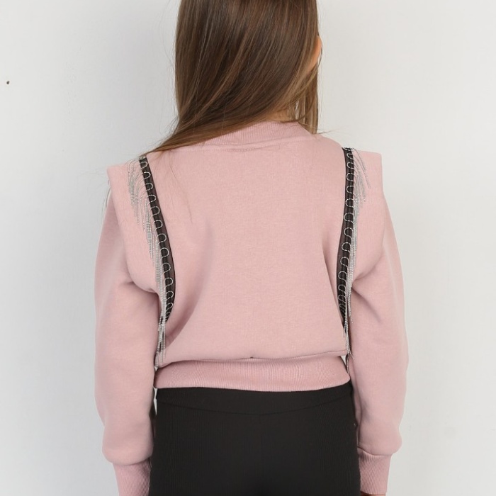 Üç İplik Şardonlu Omuz Detaylı Kız Çocuk Günlük Crop Sweatshirt