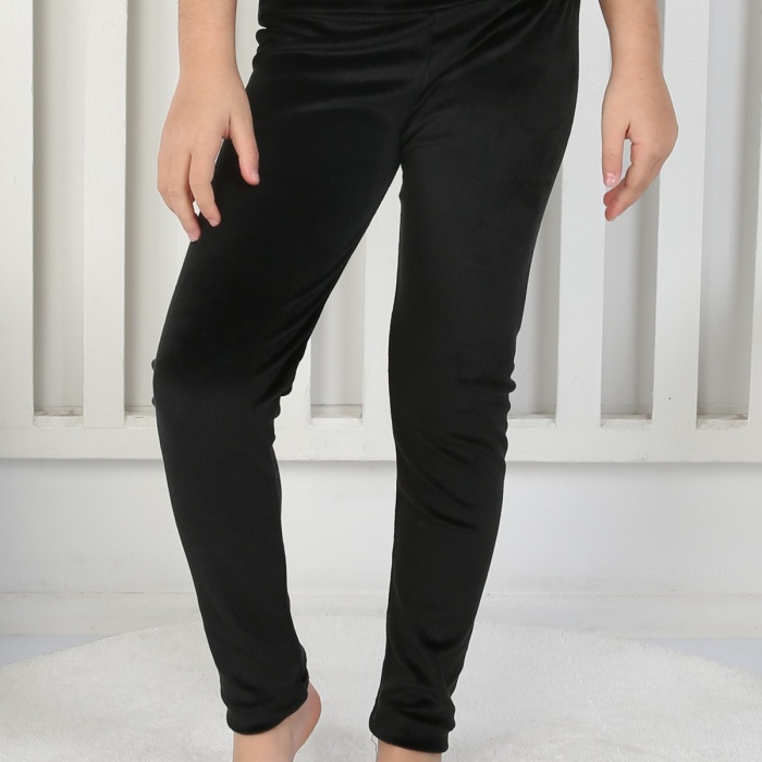 Likralı Kadife Kumaş Arma Detaylı Kız Çocuk Günlük Tayt