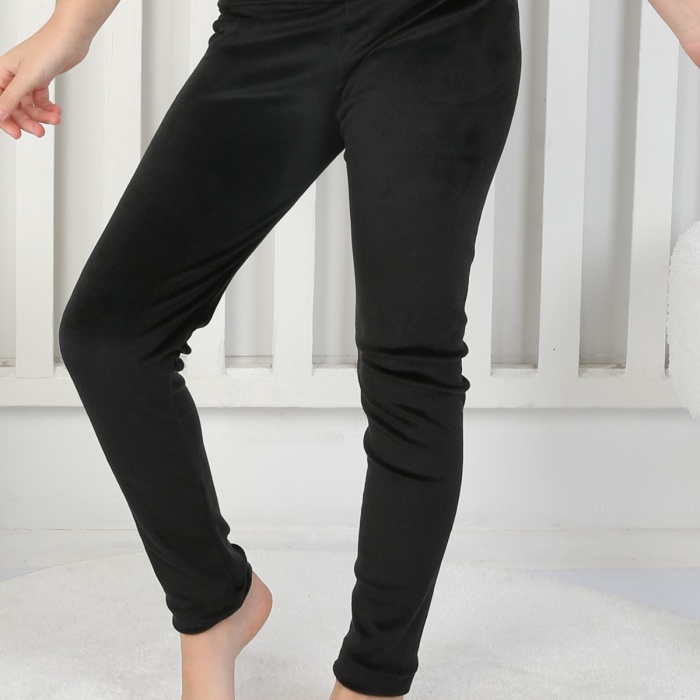 Likralı Kadife Kumaş Arma Detaylı Kız Çocuk Günlük Tayt