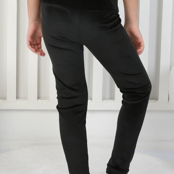 Likralı Kadife Kumaş Arma Detaylı Kız Çocuk Günlük Tayt