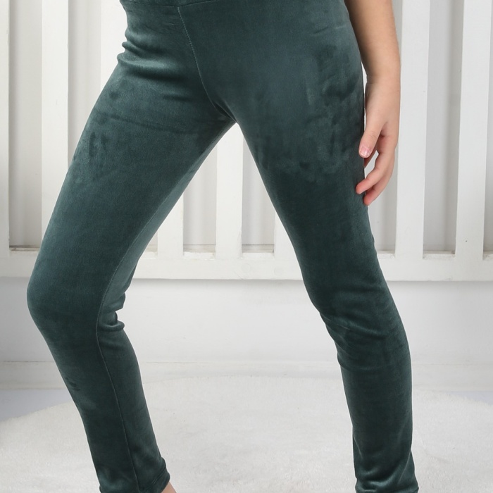 Likralı Kadife Kumaş Arma Detaylı Kız Çocuk Günlük Tayt