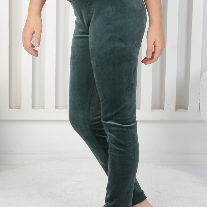 Likralı Kadife Kumaş Arma Detaylı Kız Çocuk Günlük Tayt