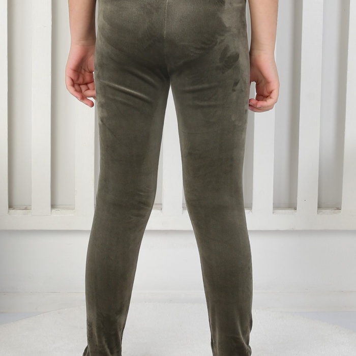 Likralı Kadife Kumaş Arma Detaylı Kız Çocuk Günlük Tayt