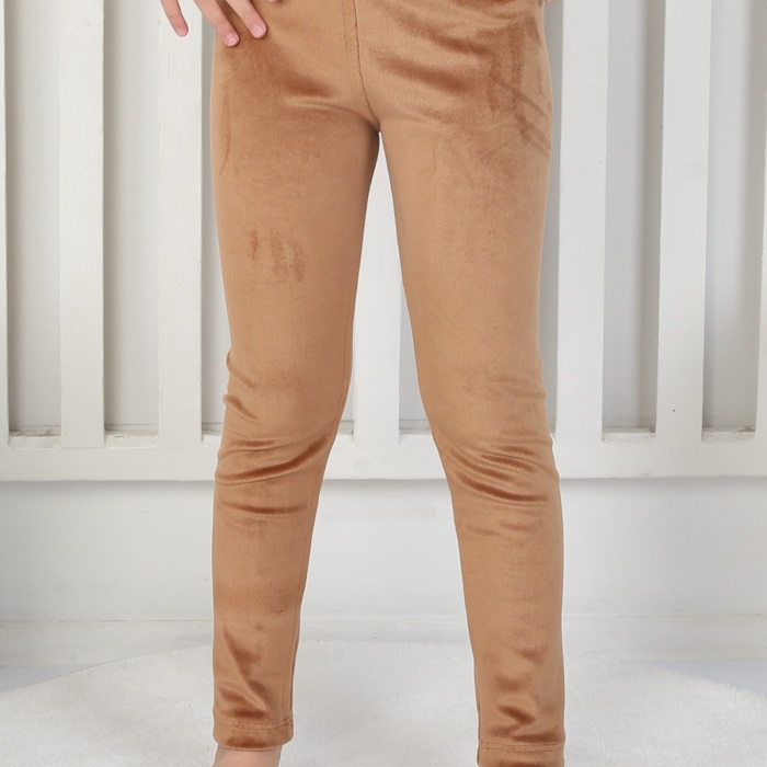 Likralı Kadife Kumaş Arma Detaylı Kız Çocuk Günlük Tayt