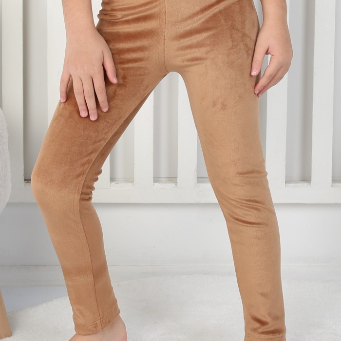 Likralı Kadife Kumaş Arma Detaylı Kız Çocuk Günlük Tayt