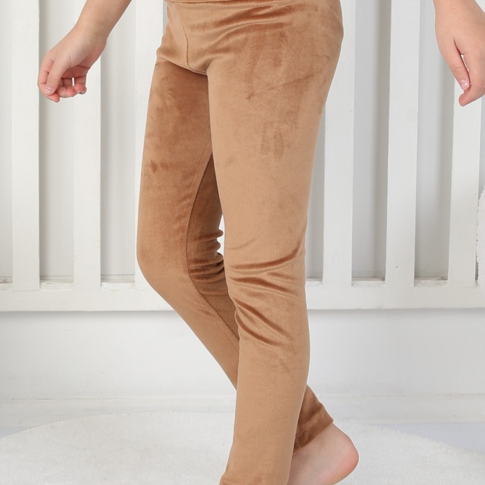 Likralı Kadife Kumaş Arma Detaylı Kız Çocuk Günlük Tayt