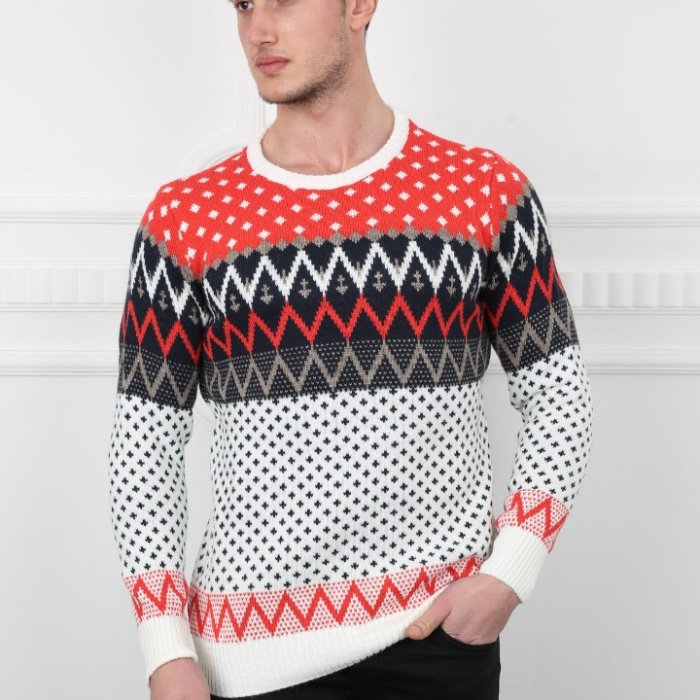 Desenli Sıfır Yaka Kalın Erkek Günlük Triko Kazak