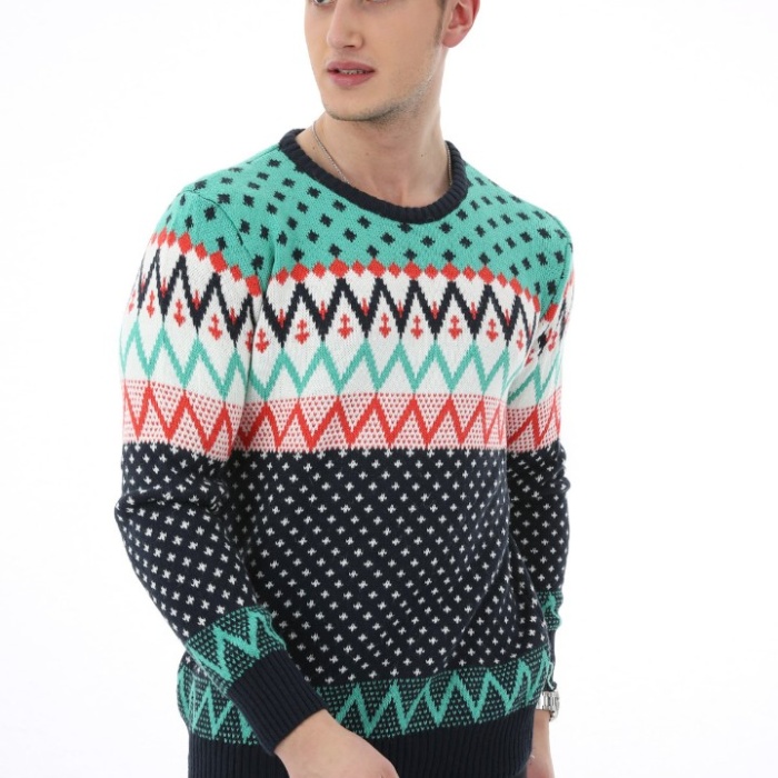 Desenli Sıfır Yaka Kalın Erkek Günlük Triko Kazak