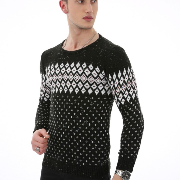 Desenli Sıfır Yaka Kışlık Erkek Günlük Triko Kazak