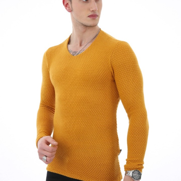 Düz Kabartma Desenli V Yaka Erkek Günlük Triko Kazak