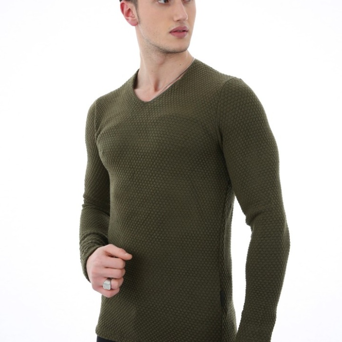 Düz Kabartma Desenli V Yaka Erkek Günlük Triko Kazak