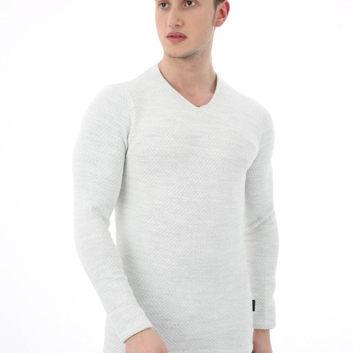 Düz Kabartma Desenli V Yaka Erkek Günlük Triko Kazak