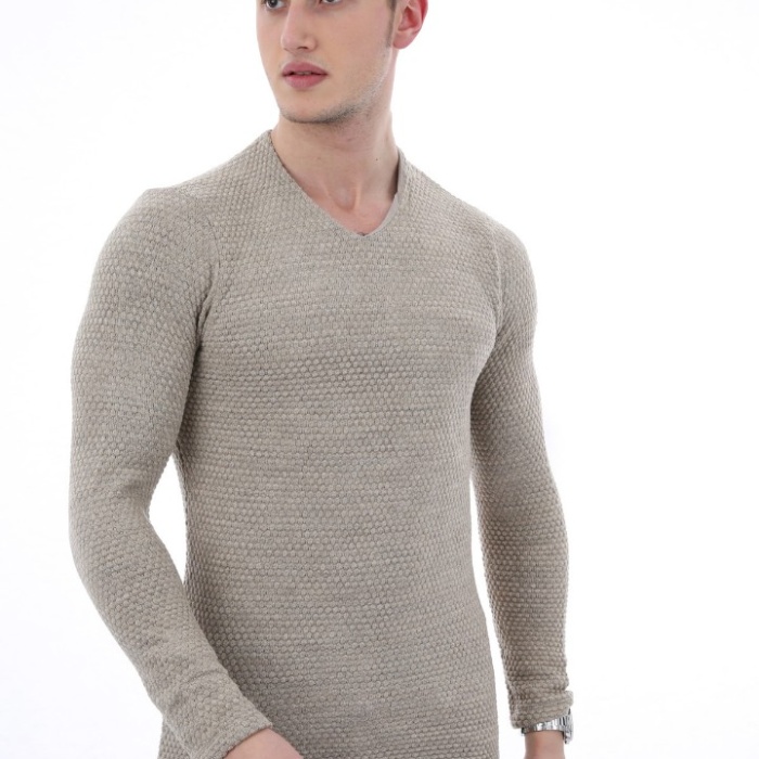 Düz Kabartma Desenli V Yaka Erkek Günlük Triko Kazak