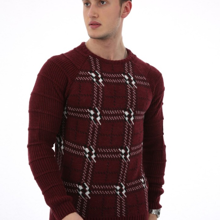 Ekose Desenli Sıfır Yaka Erkek Günlük Triko Kazak