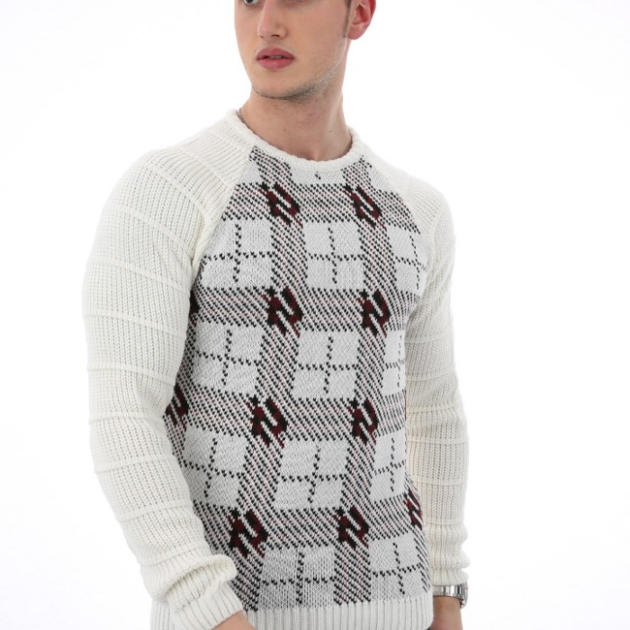 Ekose Desenli Sıfır Yaka Erkek Günlük Triko Kazak