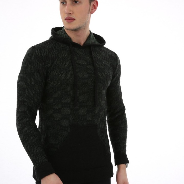 Erkek Desenli Kapşonlu Cepli Günlük Triko Kazak