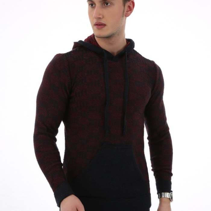 Erkek Desenli Kapşonlu Cepli Günlük Triko Kazak