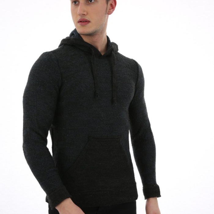 Erkek Desenli Kapşonlu Cepli Günlük Triko Kazak