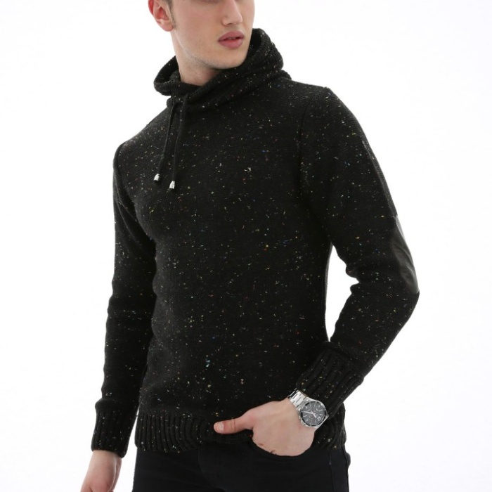 Erkek Düz Kırçıllı Kapşonlu Cepli Günlük Triko Kazak