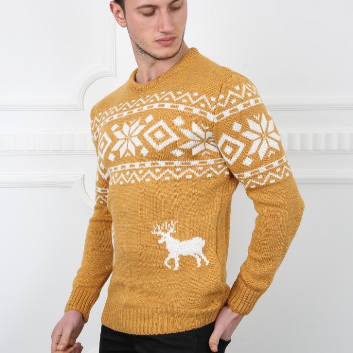 Erkek Geyik Desenli Kalın Kışlık Günlük Triko Kazak