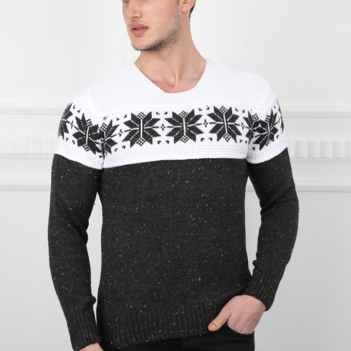 Erkek Kar Desenli Kışlık Kalın Günlük Triko Kazak