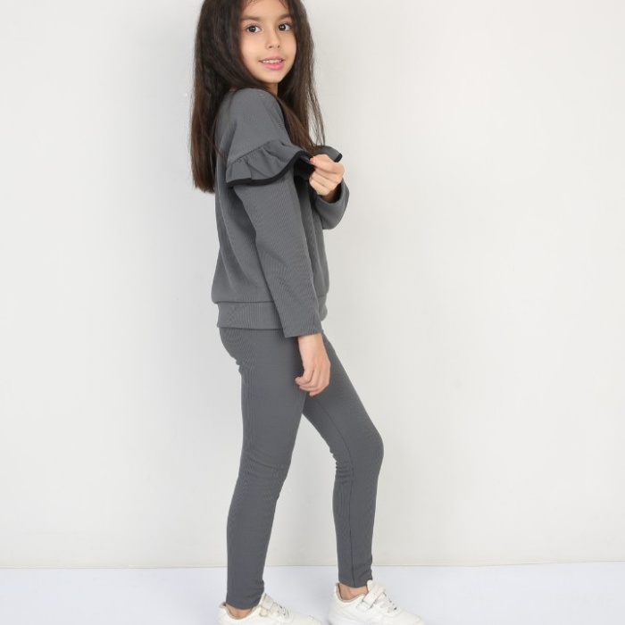 Şardonlu Fitilli Fırfır Detaylı Taytlı Günlük Kız Çocuk Takım