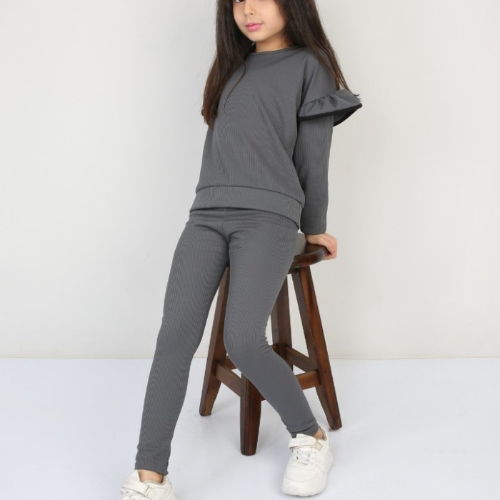 Şardonlu Fitilli Fırfır Detaylı Taytlı Günlük Kız Çocuk Takım