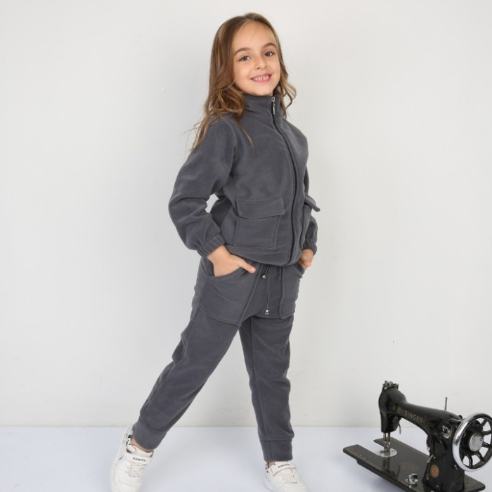 Tıraşlı Polar Lastik Bağcıklı Çift Cep Günlük Kız Çocuk Takım