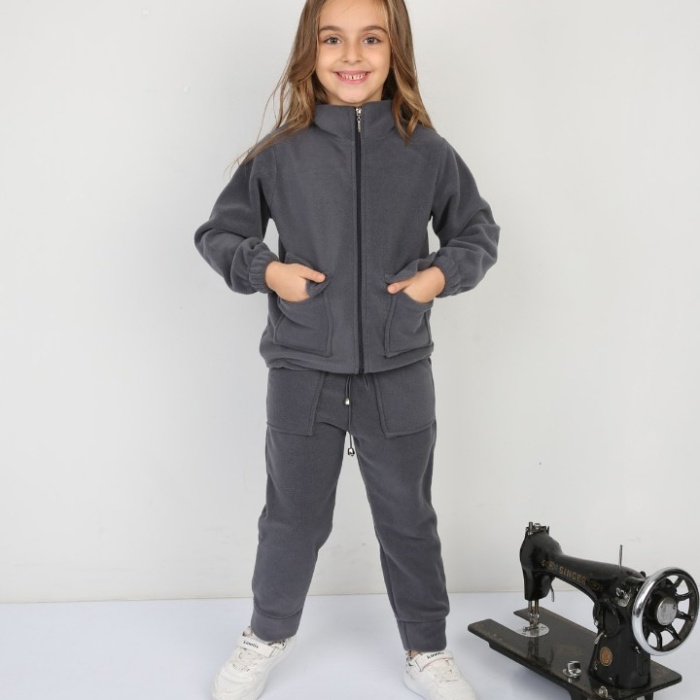 Tıraşlı Polar Lastik Bağcıklı Çift Cep Günlük Kız Çocuk Takım