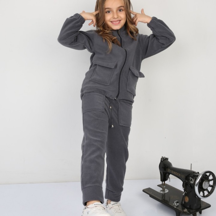 Tıraşlı Polar Lastik Bağcıklı Çift Cep Günlük Kız Çocuk Takım